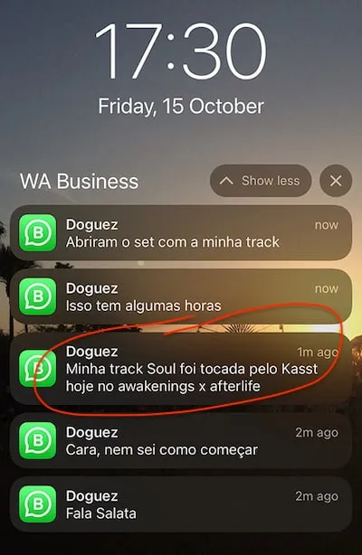 Notificações de WhatsApp: a track Soul do aluno foi tocada pelo Kasst no Awakenings x Afterlife.